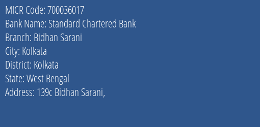 Standard Chartered Bank Bidhan Sarani MICR Code