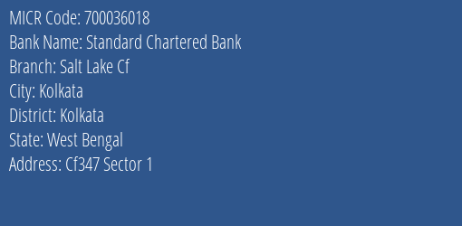 Standard Chartered Bank Salt Lake Cf MICR Code