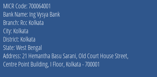 Ing Vysya Bank Rcc Kolkata MICR Code