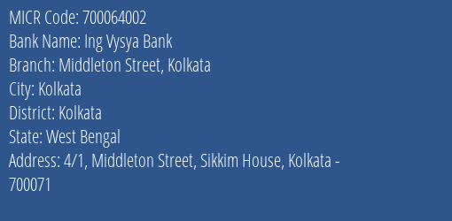 Ing Vysya Bank Middleton Street Kolkata MICR Code