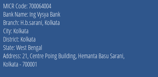 Ing Vysya Bank H.b.sarani Kolkata MICR Code