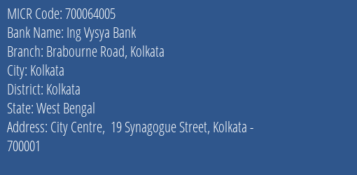 Ing Vysya Bank Brabourne Road Kolkata MICR Code