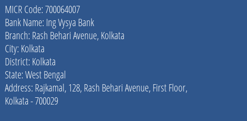 Ing Vysya Bank Rash Behari Avenue Kolkata MICR Code