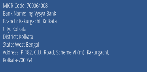 Ing Vysya Bank Kakurgachi Kolkata MICR Code