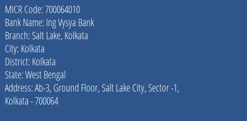 Ing Vysya Bank Salt Lake Kolkata MICR Code
