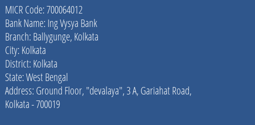 Ing Vysya Bank Ballygunge Kolkata MICR Code