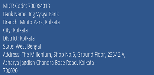 Ing Vysya Bank Minto Park Kolkata MICR Code