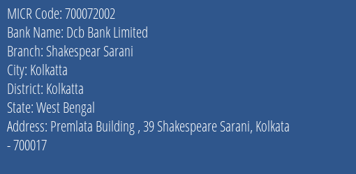 Dcb Bank Limited Shakespear Sarani MICR Code