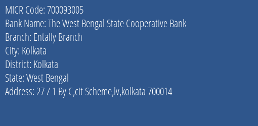 The West Bengal State Cooperative Bank Entally Branch MICR Code