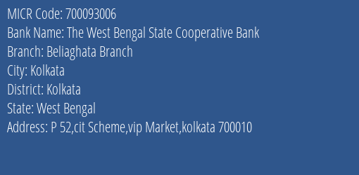 The West Bengal State Cooperative Bank Beliaghata Branch MICR Code