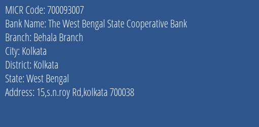 The West Bengal State Cooperative Bank Behala Branch MICR Code