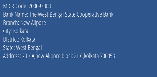 The West Bengal State Cooperative Bank New Alipore MICR Code