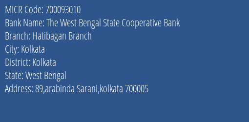 The West Bengal State Cooperative Bank Hatibagan Branch MICR Code