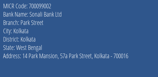 Sonali Bank Ltd Park Street MICR Code