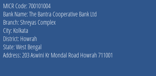 The Bantra Cooperative Bank Ltd Shreyas Complex MICR Code