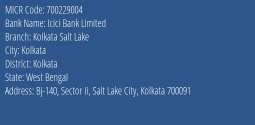 Icici Bank Limited Kolkata Salt Lake MICR Code