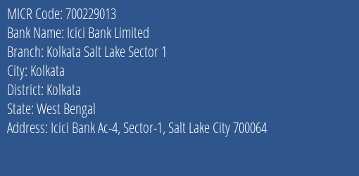 Icici Bank Limited Kolkata Salt Lake Sector 1 MICR Code