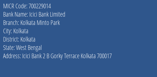 Icici Bank Limited Kolkata Minto Park MICR Code