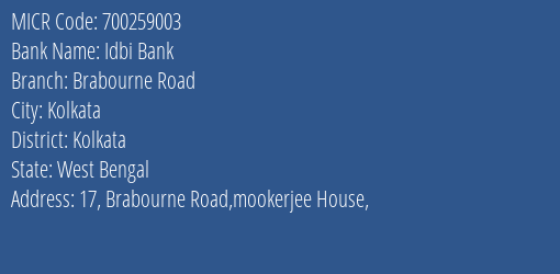 Idbi Bank Brabourne Road MICR Code