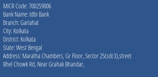 Idbi Bank Gariahat MICR Code