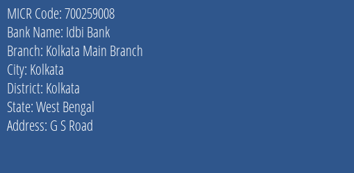 Idbi Bank Kolkata Main Branch MICR Code