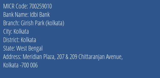 Idbi Bank Girish Park Kolkata MICR Code