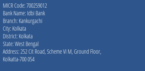 Idbi Bank Kankurgachi MICR Code
