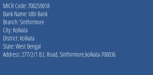 Idbi Bank Sinthirmore MICR Code