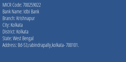 Idbi Bank Krishnapur MICR Code