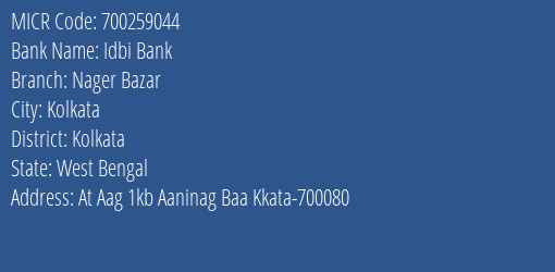 Idbi Bank Nager Bazar MICR Code