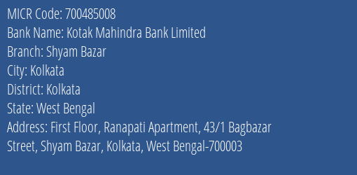 Kotak Mahindra Bank Limited Shyam Bazar MICR Code