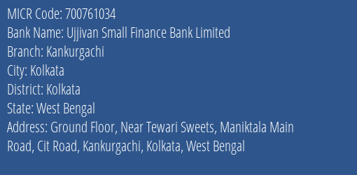Ujjivan Small Finance Bank Limited Kankurgachi MICR Code