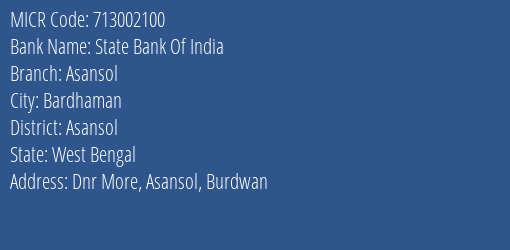 State Bank Of India Asansol MICR Code