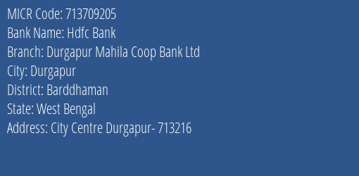 Durgapur Mahila Coop Bank Ltd City Centre MICR Code