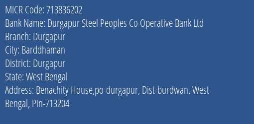 Durgapur Steel Peoples Co Operative Bank Ltd Durgapur MICR Code