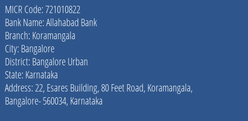 Allahabad Bank Koramangala Branch Address Details and MICR Code 721010822