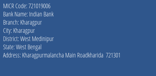 Indian Bank Kharagpur Branch Address Details and MICR Code 721019006