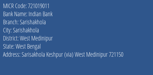 Indian Bank Sarishakhola Branch Address Details and MICR Code 721019011