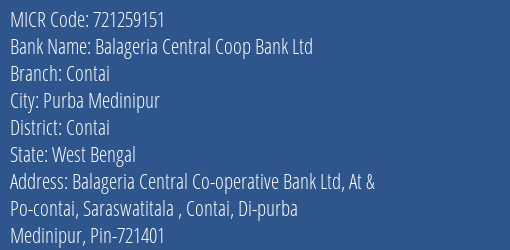 Balageria Central Coop Bank Ltd Contai MICR Code