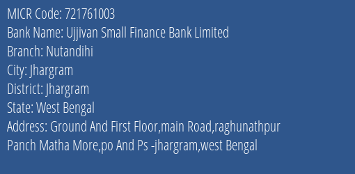 Ujjivan Small Finance Bank Limited Nutandihi MICR Code