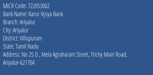 Karur Vysya Bank Ariyalur Branch Address Details and MICR Code 722053002