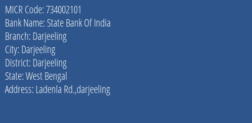 State Bank Of India Darjeeling Branch MICR Code 734002101