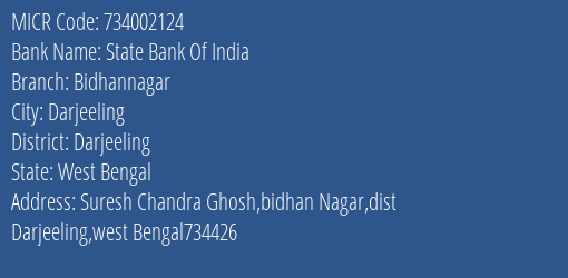 State Bank Of India Bidhannagar Branch MICR Code 734002124