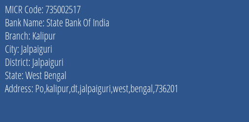 State Bank Of India Kalipur MICR Code