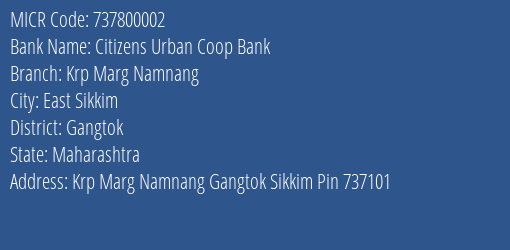 Citizens Urban Coop Bank Krp Marg Namnang MICR Code