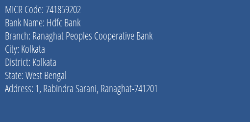 Ranaghat Peoples Cooperative Bank Rabindra Sarani MICR Code