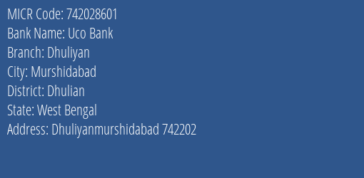 Uco Bank Dhuliyan Branch Address Details and MICR Code 742028601