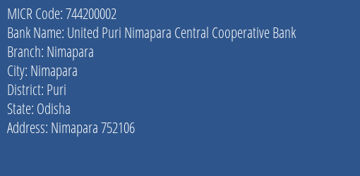 United Puri Nimapara Central Cooperative Bank Nimapara MICR Code