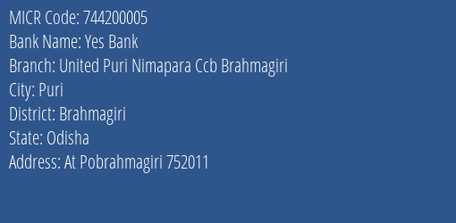 United Puri Nimapara Central Cooperative Bank Brahmagiri MICR Code