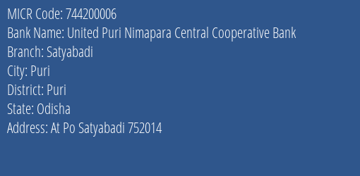 United Puri Nimapara Central Cooperative Bank Satyabadi MICR Code